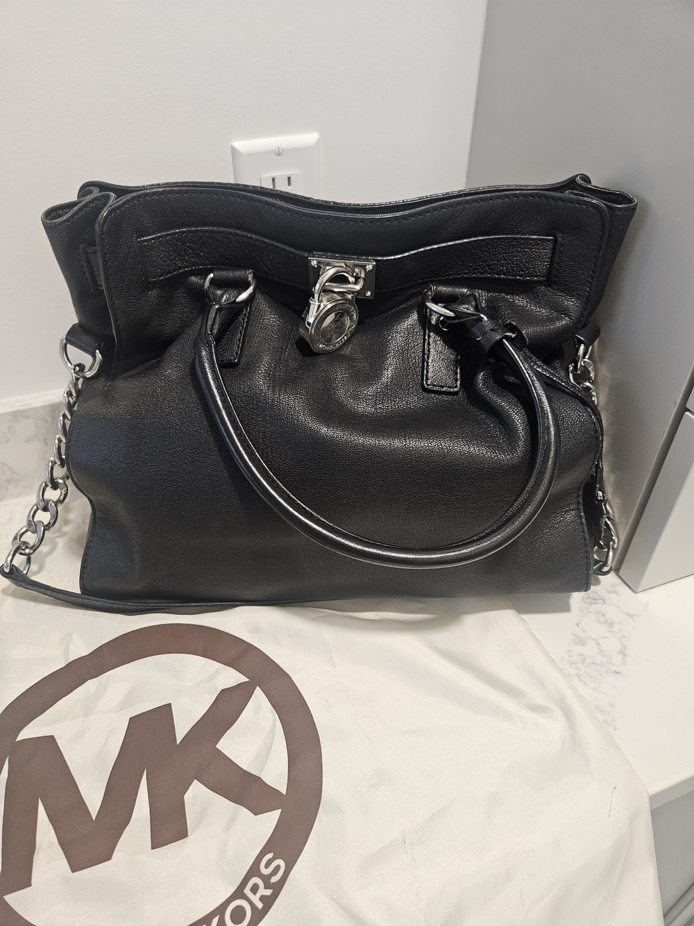 Michael Kors Black Leather Hamliton Tote with Lock And Key, Chain-Accent Straps